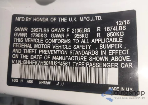 2017 Honda Civic Ex из США, поврежденный, VIN SHHFK7H50HU214561